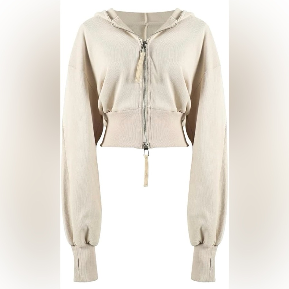 Arssm Cropped Hoodie Women Jacket Crop Top, Zip Up Long Sleeve, Beige - NWT